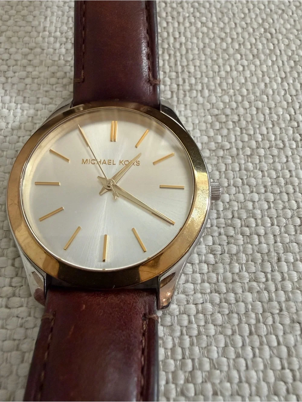 Michael Kors Brown Leather Strap Watch with Gold-Tone Bezel and Silver Dial